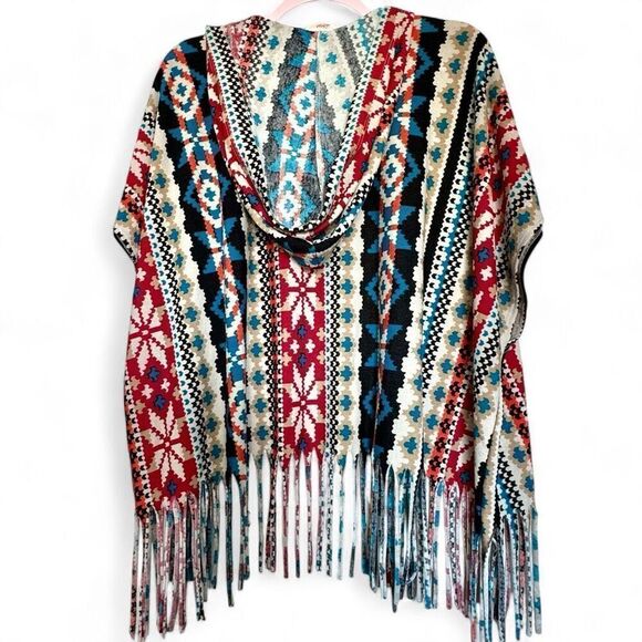 Colorful Hooded (L/XL) Oversized Fringe Printed Shawl / Open Poncho - Large Extr - Picture 1 of 5
